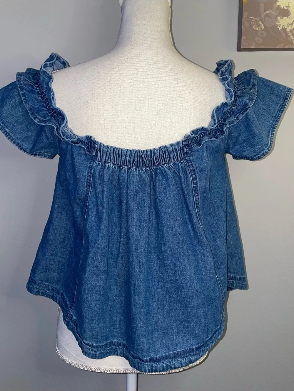 Free People Ruffle Denim Short Sleeve Blouse
